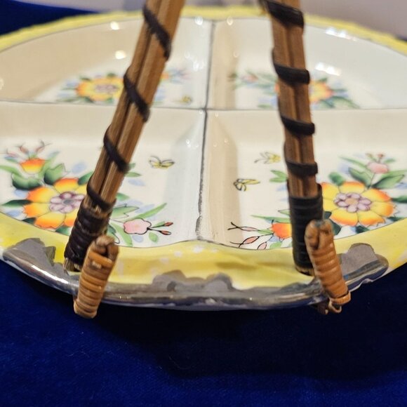 Vintage Ceramic Divided Serving Dish With Floral Design & Wicker Handle - Picture 9 of 16